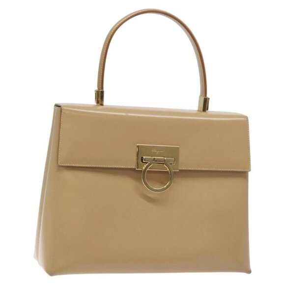 Salvatore Ferragamo Gancini Hand Bag Leather Beige Gold - Picture 1 of 16